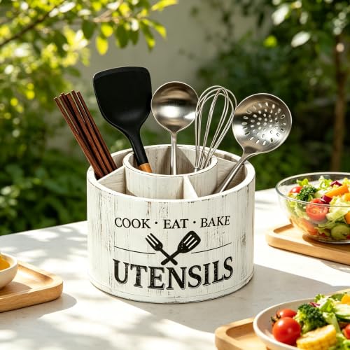 Rotating Utensil Holder for Kitchen Countertop, 360° Lazy Susan Wooden Utensil Organizer with 5 Compartments, Solid Wood Cooking Tool Storage Rack, Farmhouse White Kitchen Decor for Spatulas, Spoons