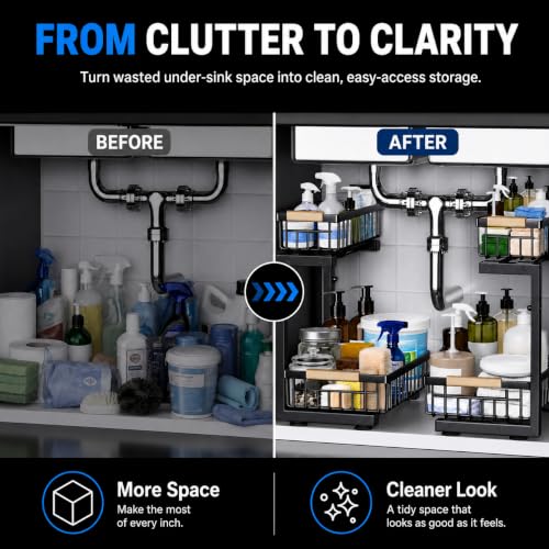 Under Sink Organizer 2 Pack, Double Slide Out Metal Shelf, Black - view 3