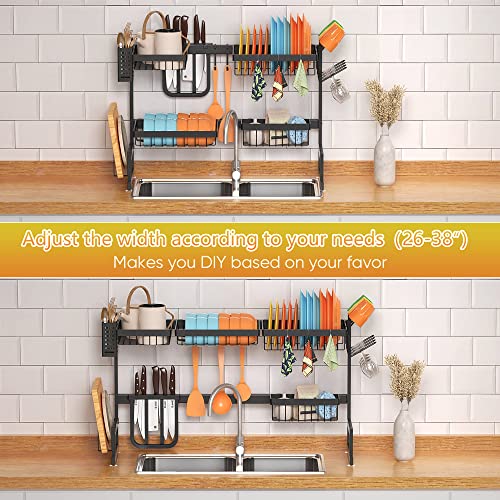 Over the Sink Dish Drying Rack, 2 Tier Adjustable Large Capacity Stainless Steel Dish Rack for Kitchen Counter, Heavy Duty Space Saver Organizer with Utensil Holder, Black - view 4