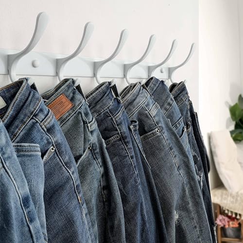 Heavy Duty Wall Mounted Coat Rack - 6 Hooks, Stainless Steel, Sturdy Coat Hooks for Hanging Clothes, Jacket, Hat, White - view 3