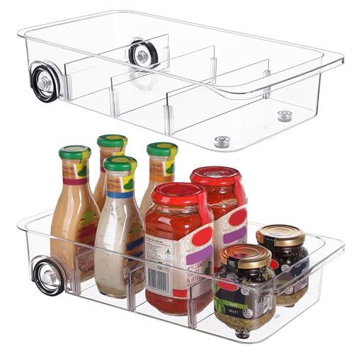 Fridge Organizer Bins on Wheels, Clear Roll Out Drawer Refrigerator Organizing Caddy with Dividers, Thick Plastic Storage Bins for Pantry, Kitchen, Cabinet etc