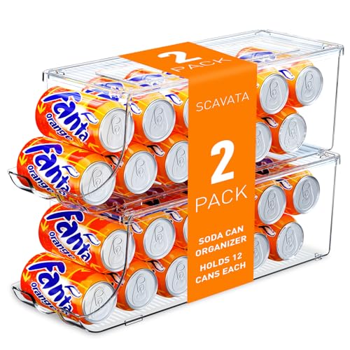 2 Pack Soda Can Organizer for Refrigerator, Stackable Canned Food Pop Cans Container Can Holder Dispenser with Lid for Fridge Rack Freezer, Clear Storage Bins-Holds 12 Cans Each (Clear)