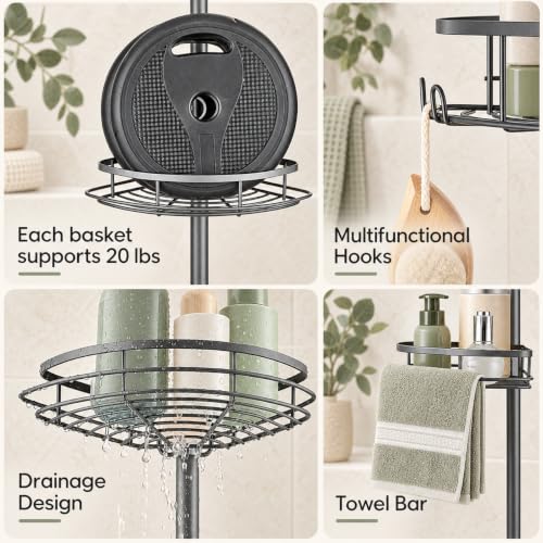 Shower Corner Caddy Organizer, Rustproof 4-Tier Tension Pole Shelf, Grey - view 5