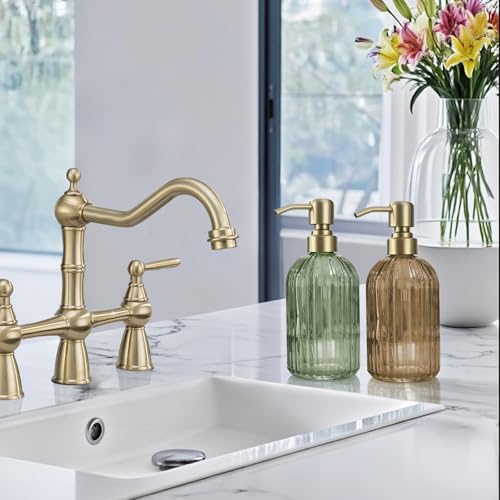16 Oz Amber Glass Soap Dispenser,Stainless Steel Brushed Gold Pump Vertical Stripes Design for Bathroom Hand Soap & Kitchen Dish Soap,Brown Liquid Soap Dispenser for Countertops ﻿ - view 4