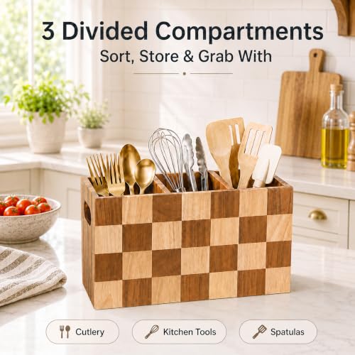 Kitchen Utensil Holder, 3 Compartment Large Wooden Utensil Organizer - view 2