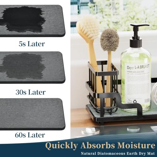 Sponge Holder for Kitchen Sink - Sink Caddy Organizer with Water Absorbing Stone Tray, Detachable Brush Holder, Stainless Steel Kitchen Counter Organizer Rack, Black - view 2