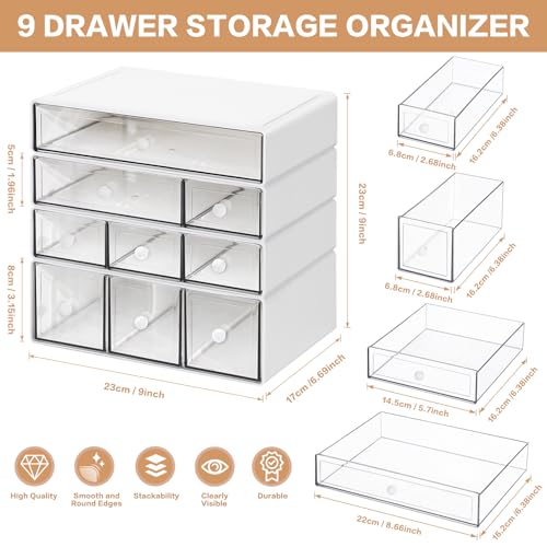 Desk Storage Organizer with 9 Drawers, 4 Tiers Stackable Desktop Craft Storage Drawers, Clear Storage Box Caddy for Stationary Makeup Jewelry Office Craft Supplies (White) - view 3