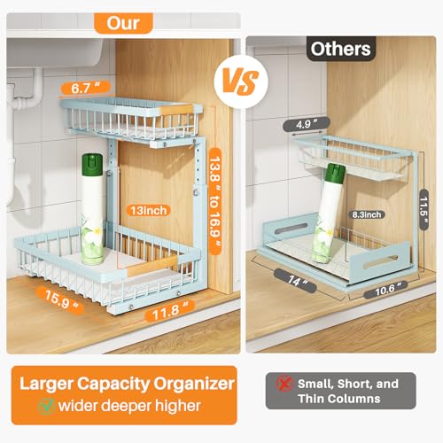 Under Sink Organizer, Adjustable Height, 2 Tier Pull Out Under Cabinet Organizer, Slide Out Thickened Metal Under Sink Storage for Kitchen Bathroom Laundry Pantry Cabinet, Blue, Large-1-Pack - view 2