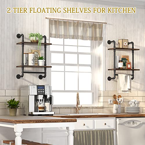 2 Tier Industrial Pipe Floating Bathroom Shelves Wall Mounted with Towel Bar, Rustic Wood Wall Shelf, 16 Inch Metal Towel Rack Storage Bookshelf for Bathroom, Kitchen, Farmhouse, Living Room - view 6