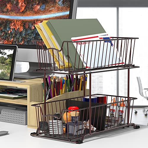 SimpleHouseware 2 Tier Cabinet Wire Basket Drawer Organizer, Brown - view 5