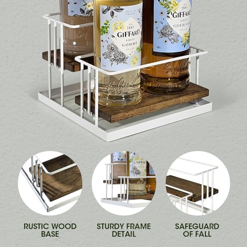 Cofee Syrup Bottle Holder Rack, Rustic Wood and White Metal Wire 2 Tier 4 Syrup, Wine, Dressing Bottle Countertop Display Storage Stand for Kitchen Coffee Bar- MK816F - view 3