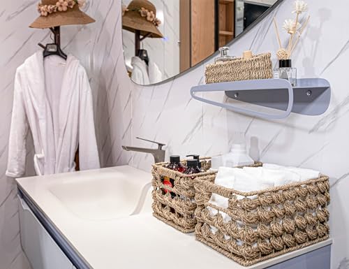 Wicker Storage Baskets, Seagrass Baskets for Counter Organizing, Handwoven Rectangular Baskets for Shelves, 11 x 7.5 x 6 Inch, 3-Pack, Natural Seagrass Color - view 2