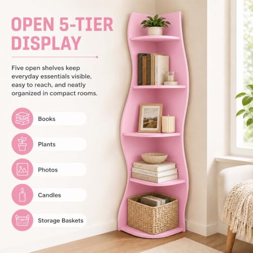 5-Tier Wavy Corner Shelf with Curvy Shape for Small Space, Pink - view 3