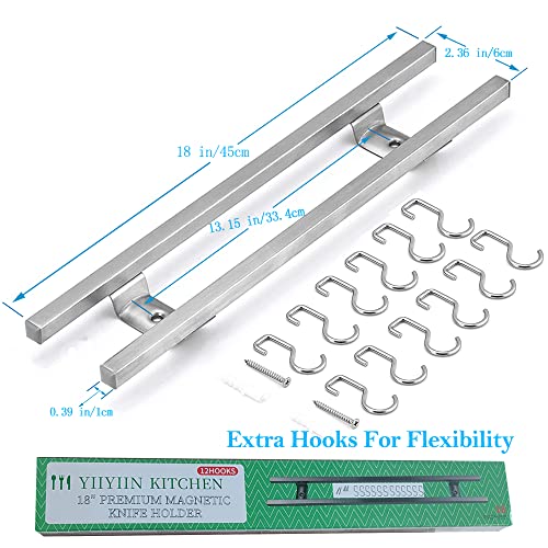 18 Inch Magnetic Knife Holder for Wall Mount-Magnetic Knife Strips with 12 Hook-304 Stainless Steel Wall Magnetic Knife Bar Rack-Knife Block-Knife Rack-Utensil Hanger-Kitchen Utensil Holder - view 2