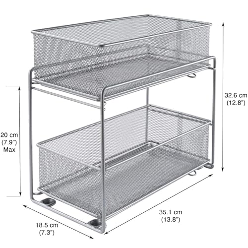 2 Tier Sliding Basket Stackable Cabinet Pull-Out Drawer Mesh Organizer for Kitchen Under Sink Storage (Silver) - view 2