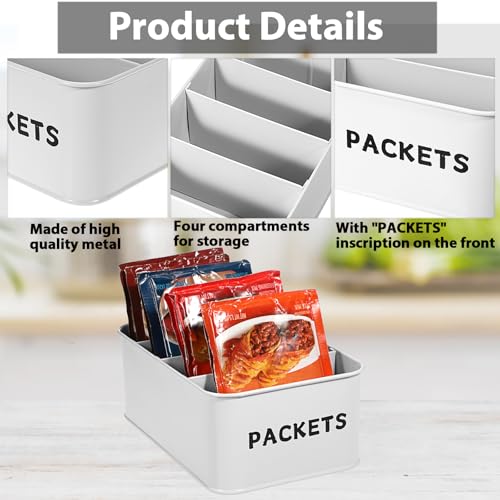 Seasoning Packet Organizer, Food Storage Organizer with Divided 4 Compartments, Metal Storage Caddy for Kitchen Pantry Cabinet, Kitchen Organization Bin for Snacks Spice Packets, White - view 3