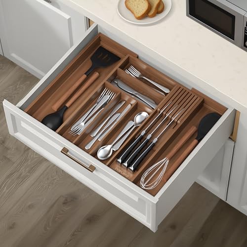 Expandable Bamboo Silverware Organizer with Knife Block, Brown - view 5
