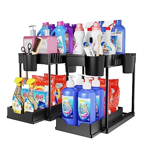 2 Pack Under Sink Organizers and Storage Bathroom, 2 Tier Under Sliding Kicthen Cabinet Basket Organizer with Hooks, Hanging Cup, Dividers, Handles, Multi-purpose Under Sink Shelf Organizer, Black