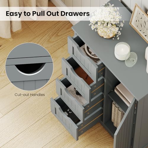 Bathroom Cabinet, Freestanding Storage Cabinet with 1 Door & 4 Drawers, 3-Level Adjustable Shelf, Anti-toppling System, Modern Storage Organizer for Bathroom, Living Room, Kitchen (Gray) - view 5