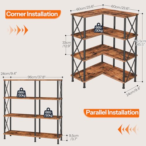 Corner Bookshelf, 4-Tier L-Shaped Bookcase, Industrial Open Display Shelf Tall Storage Organizer, Vertical Storage Rack, for Living Room, Home Office, Rustic Brown and Black BF59SJ01 - view 2
