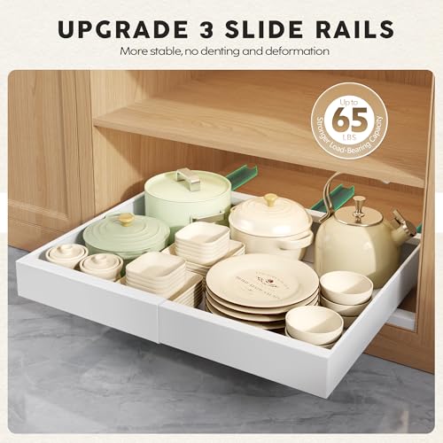 4Pack Expandable Pull Out Cabinet Organizer 21"Deep with Raising Pad for Framed Cabinets,Slide Out Drawers with 4pcs Divider Racks,Roll Out Shelves Adhesive,Adjustable Width 12.05"-20.4"White - view 5