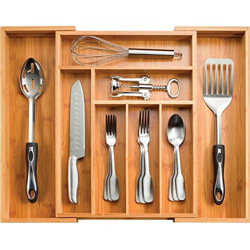 Bamboo Drawer Organizer - 8 Compartment Expandable Silverware Organizer and Utensil Holder, 17 Inch Long, 13 to 22 Inch Wide, 2 Inch Deep Kitchen Cutlery Tray Insert for Flatware Knives Large Utensils