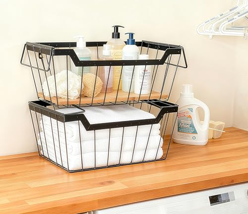 Metal Wire Basket with Handles Storage Organizer Stackable Organizing bins for Cabinet Shelf Countertop Under Sink Pantry for Kitchen,Bathroom,Laundry Closet,Set of 2pcs - view 4