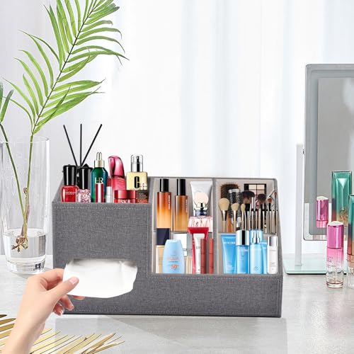 Plus Size Tissue Box Cover-Square Linen Tissue Cover with Side Storage and Tray,Modern Makeup Organizer,Leather Tissue Holder Decorative Cube Organizer for Living Room Vanity NightStand Office,Grey - view 2