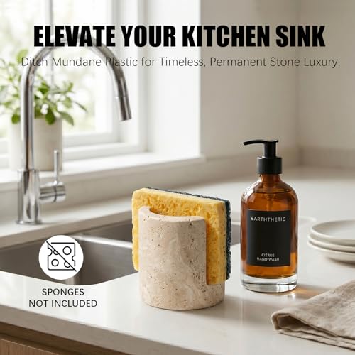 Natural Travertine Sponge Holder for Kitchen Sink - Luxury Stone Sponge Caddy, Quick-Drying Modern Minimalist Marble Kitchen Countertop Organizer - Housewarming Gift, Home Decor, Beige - view 2