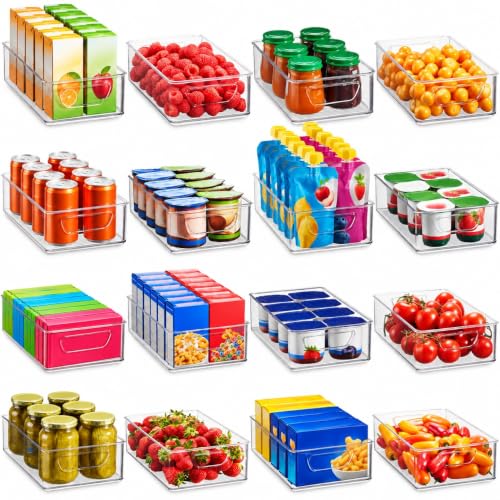Set Of 16 Refrigerator Organizer Bins - Plastic Pantry Organization and Storage Baskets - Stackable Food Fridge Organizers with Cutout Handles for Freezer, Kitchen, Countertops, Cabinets