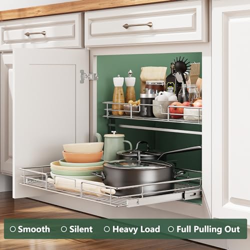 2 Tier Individual Pull Out Cabinet Organizer 25½" W x 21½" D, Slide Out Kitchen Cabinet Storage Sliding Shelves - view 2