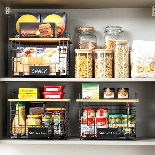 2 Set XL Stackable Wire Basket with Bamboo Tops & Tags- Pantry Organizer and Storage Bins, Kitchen Counter Cabinet Shelf Countertop Under Sink Organizing, Food Snack Produce Onion Potato Bread Storage - view 2