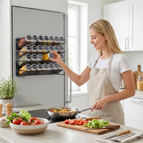 Spice Rack Organizer for Cabinet with 28 Spice Jars, 386 Spice Labels, Magnetic Spice Rack for Refrigerator, Seasoning Organizer for Countertop, Kitchen, Pantry, 13.2" W x 9.8" H, Black - view 2