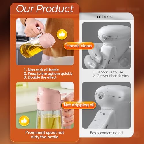 16oz/470ml Glass Olive Oil Sprayer for Cooking with Stickers, 2 in 1 Oil Dispenser for Kitchen Gadgets, Food Grade Premium Spray Bottle for Salad, Frying, BBQ (PeachPink) - view 6