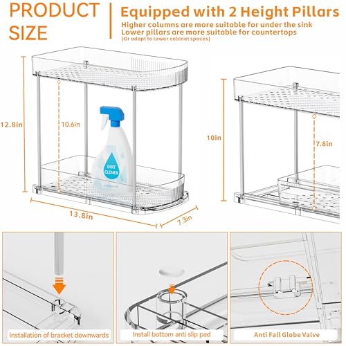 2 Pack Large Pull Out Bathroom Organizers and Storage,2 Tier 12.8″ Tall Sliding Kitchen Under Sink Organizer for Cleaning Products Storage,Acrylic Clear Bathroom inder Sink Organizer,Undersink Storage - view 2