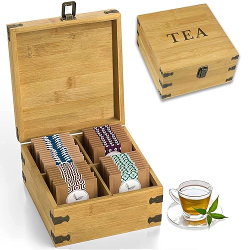 Tea Organizer Box 7.4" x 8.1" x 4.2" Bamboo Wood Organizer Storage Chest 4 Tall Adjustable Slots 100% Handmade Eco-Friendly Natural Kitchen Décor