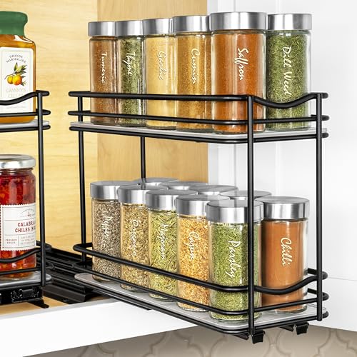 Pull Out Spice Organization for Cabinets - 4-3/8 inch Wide – Spice Rack for Inside Cabinets, Slide Out Spice Rack Organizer for cabinet – Pull Out Spice Rack, Sliding 2 Tier Black