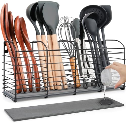 Large Kitchen Utensil Holder 4-Compartment with Diatomaceous Earth Base