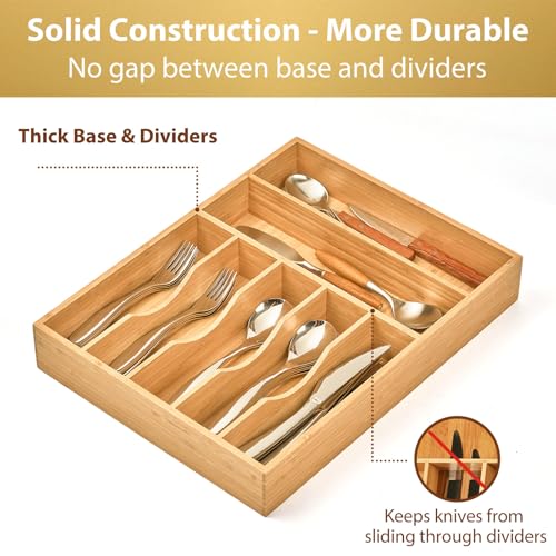 Bamboo Kitchen Drawer Organizer, 13 Inch Silverware Utensil Tray Holder, Extra Deep Grooved Drawer Divider, 7 Slots Total Bamboo Wood Caddy for Flatware Cutlery Knives, Forks, Spoons - view 4