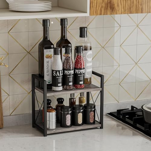 Countertop Shelf Organizer, 2 Tier Kitchen Spice Rack for Countertop, Wood Kitchen Counter Shelf for Home, Coffee Station Organizer (Grey,S) - view 2