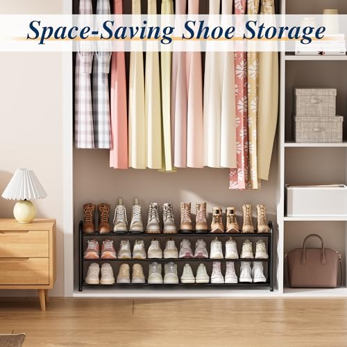3 Tier Expandable Shoe Rack, Metal Small Shoes Shelf, Black - view 4