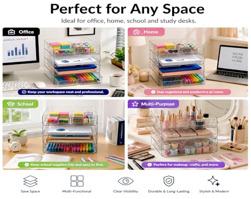 4 Tier Desk Organizer, Clear Paper Tray with 4 Storage Bins - view 6