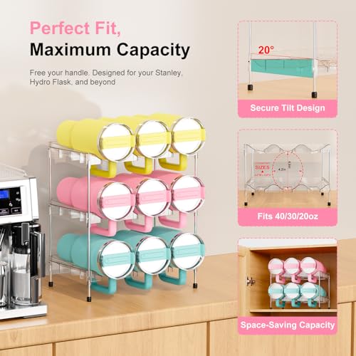 Reusable Stackable with Handle Compartment Water Bottle Tumbler Organizer for Stanley 40oz with Handle Cup, Stanley Accessories for Pantry, Cabinet & Kitchen Organization and Storage,3 Tier Hold 9 - view 3