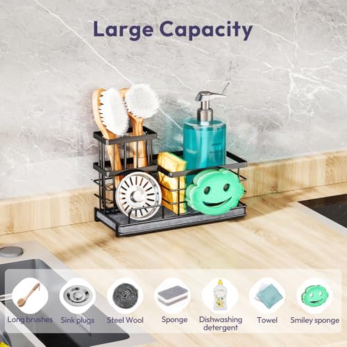 Kitchen Sink Caddy Organizer, Quick Dry Smiley Face Sponge Holder with Instant Drying Stone, Large Rustproof Sink Organizer for Kitchen Countertop Organization, Black - view 5