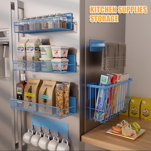6-Pack Magnetic Shelves for Washing Machine & Refrigerator, Heavy-Duty Laundry Organizer with Hanger Holder & Deep Baskets, Metal Storage System for Laundry Room (Blue) - view 6