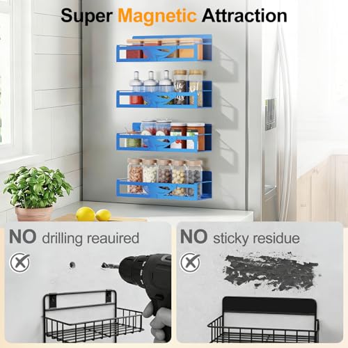 Magnetic Spice Rack for Refrigerator, 4 Pack Metal Magnetic Shelf Organizer for Fridge Side, Strong Spice Storage Rack for Kitchen, Dark Blue - view 4