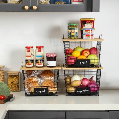 2 Set Large Stackable Wire Basket with Bamboo Tops & Tag- Pantry Organizer and Storage Bins, Kitchen Counter Cabinet Shelf Countertop Under Sink Organizing for Food Snack Produce Onion Potato Bread - view 3