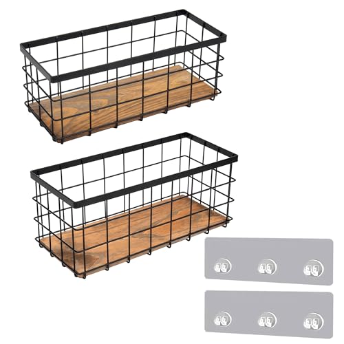 Black Metal Wire Storage Baskets with Wood Bottoms, Bathroom Storage Organizer Basket Bins, Set of 2 - Includes 2 Bonus Adhesive Hooks for Easy Wall Mounting