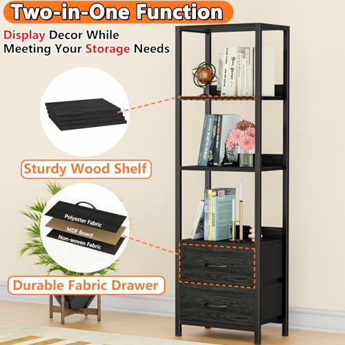 4 Tier Corner Shelf,Black Narrow Bookshelf with 2 Storage Drawers - view 6