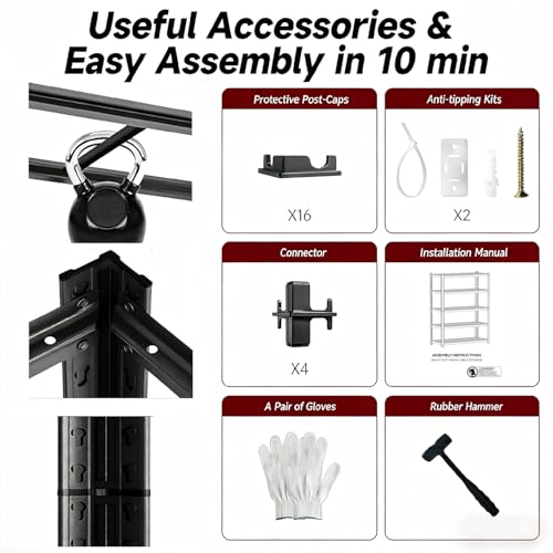 72" H×35.12" W×16" D Adjustable Industrial Metal/Steel 5-Shelf-Storage-Rack Heave Duty Utility Tall Garage/Shed Shelving Shelves Unit/System for Kitchen Pantry Bin, Black - view 2